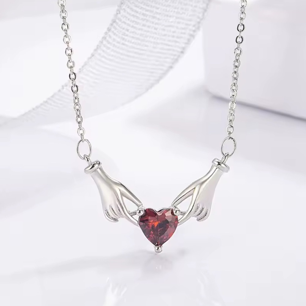 18K White Gold (Rhodium) Claddagh Inspired Hands Holding Gemstone Heart Necklace - Picture 5 of 7